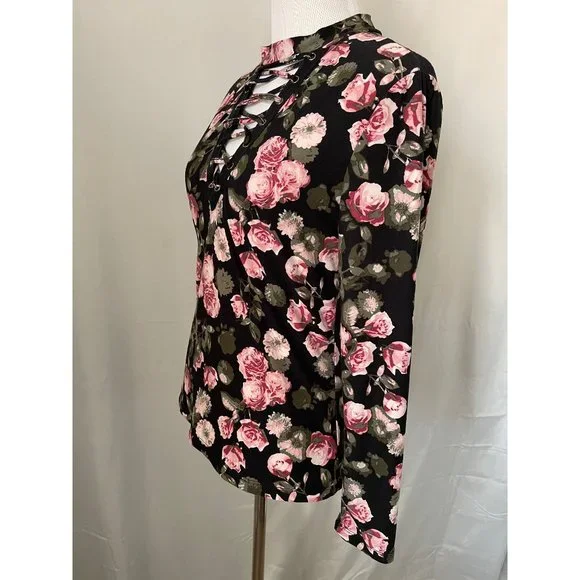 Hot Kiss Black Floral Print Long Sleeve Low V-Neck Strap Shirt - Picture 9 of 10